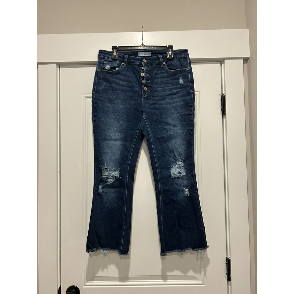 KanCan High Rise Crop Flare Jeans Women’s Size XL Dark Blue-Wash Button-Fly